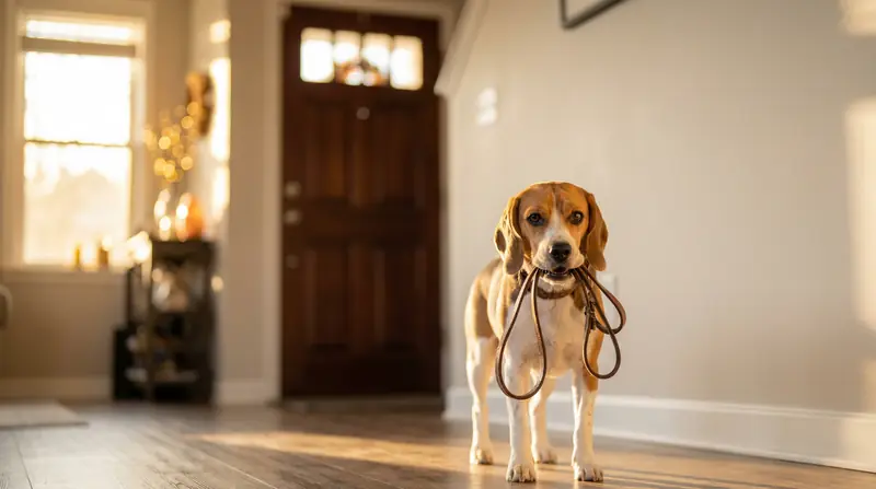 Beagle segurando a guia na boca