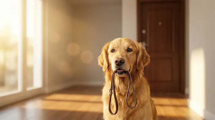 Golden com a guia na boca