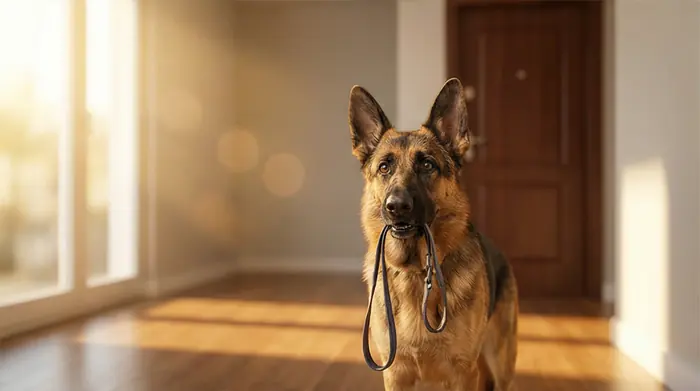 Cão de porte médio esperando na porta