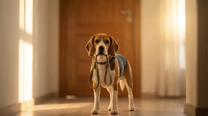 Cão pequeno com a guia