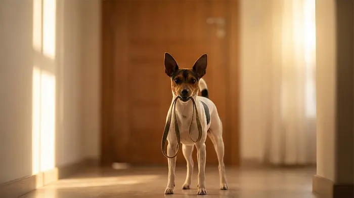 Cão preto com a guia vermelha