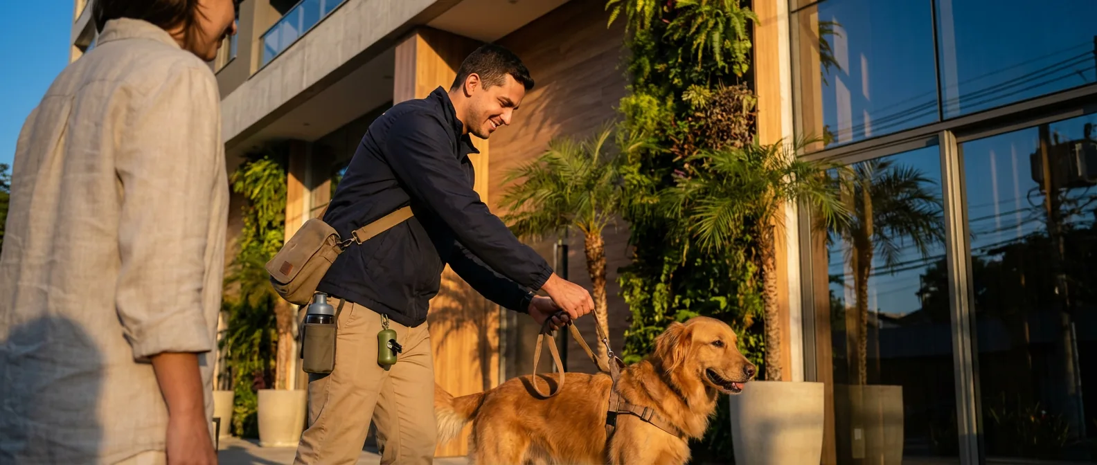 Passeador entregando o cão ao tutor na portaria