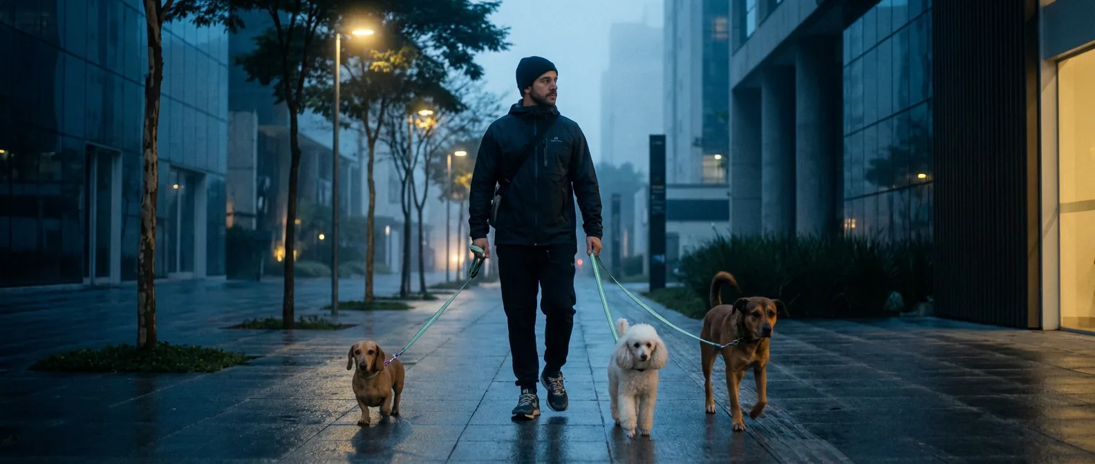 Passeador com três cães numa rua de São Paulo ao amanhecer