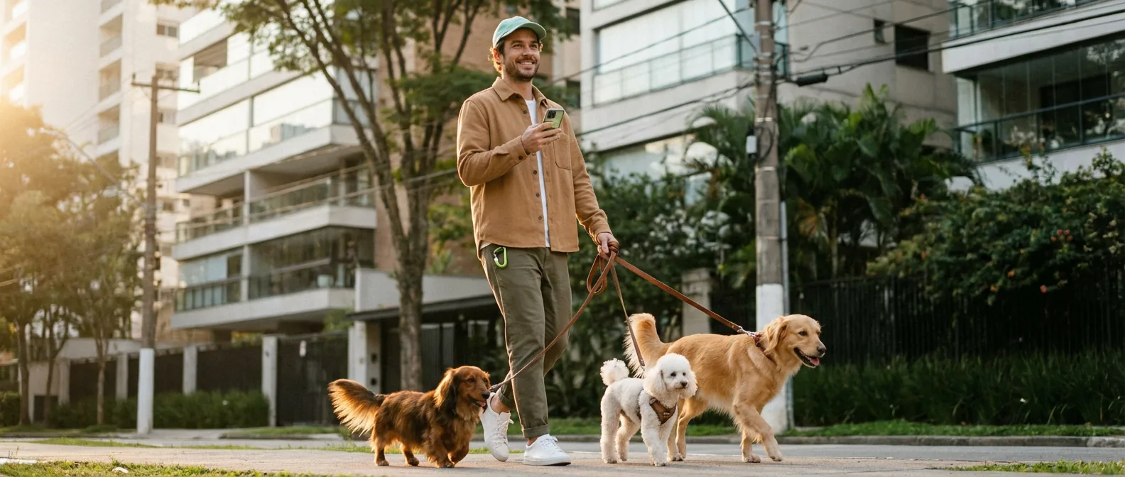 Passeador com três cães em frente a um prédio em São Paulo