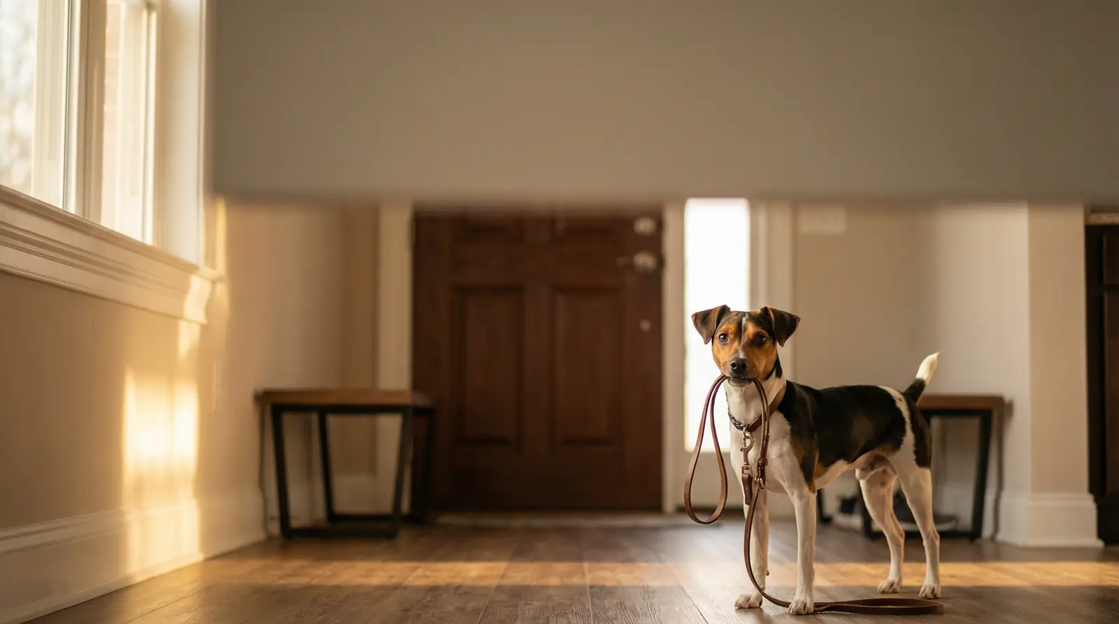 Cão esperando na porta de casa, pronto para o passeio
