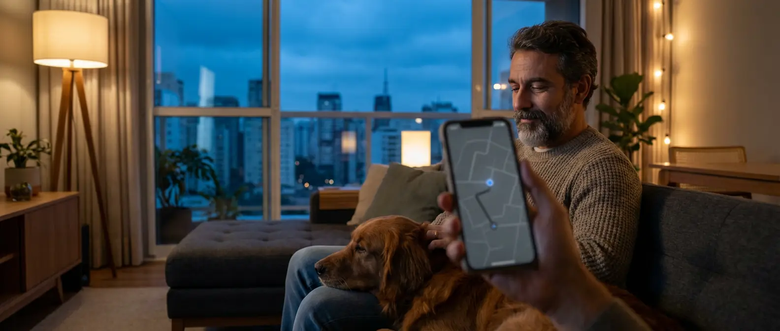 Tutor acompanhando a rota do passeio pelo celular em casa