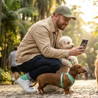 Passeador agachado com os cães durante o passeio