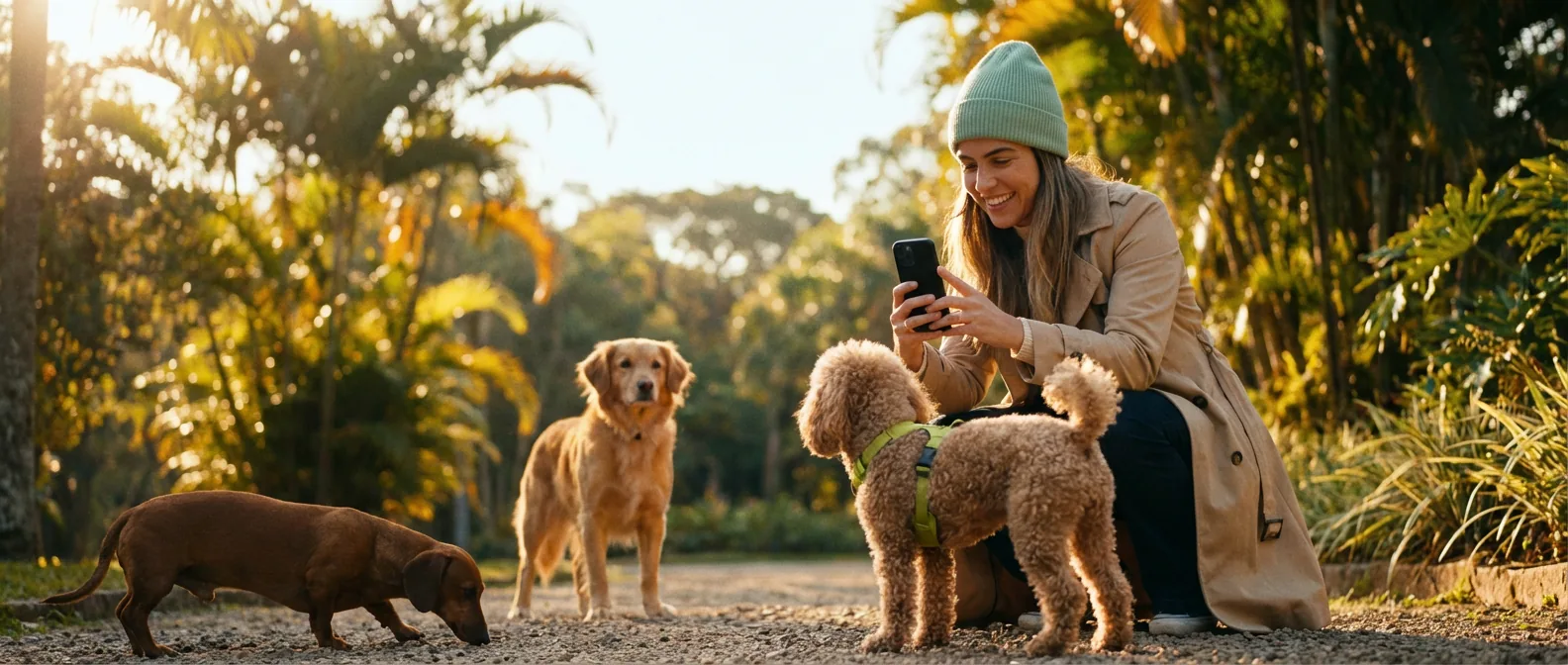 Tutora fotografando seus três cães num parque de São Paulo